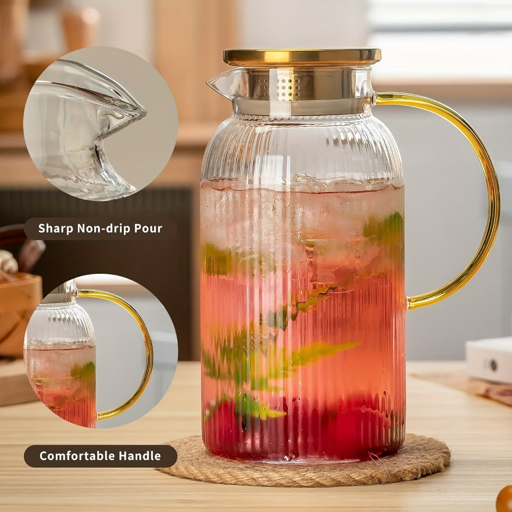 Glass Pitcher with Stainless Steel Lid 68oz 2 Liter Borosilicate Water Pitcher Carafe for Cold Brew, Lemonade, Iced Tea & Milk ¨C Heat Resistant, 2 or 4 Pack