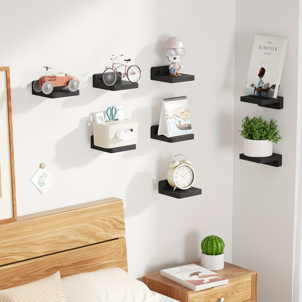 Wall Mounted Wooden Shelves Set of 8 - Small 4 Inch Floating Shelves for Bedroom, Bathroom, Kitchen & Office Decor and Storage, Rustic Style (Pure Black)