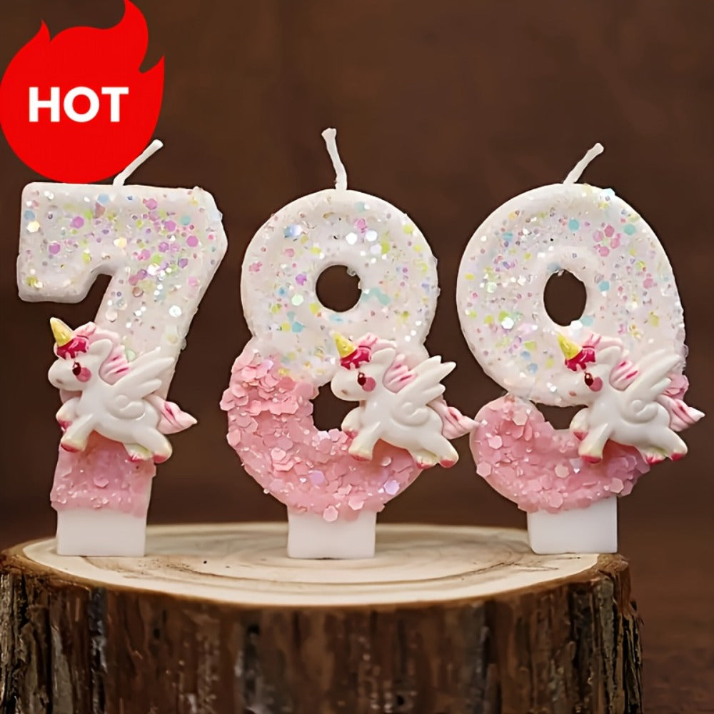 Unicorn Number Cake Topper 0-9 Birthday Party Decoration Glitter Figure Candle Topper for Birthday Anniversary Wedding Christmas Halloween Table Decor