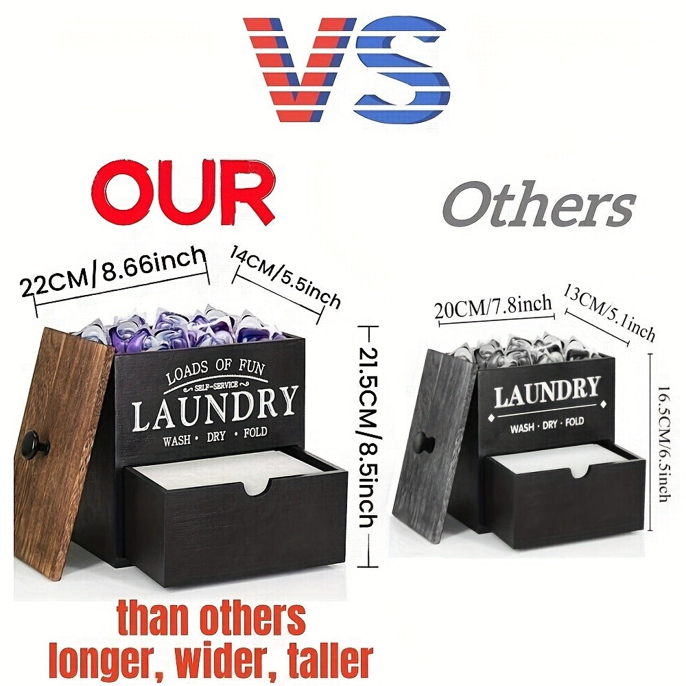 Dryer Sheet Holder with Drawer & Lid | Farmhouse Wood Laundry Pod Dispenser | Wall Mount or Countertop Organizer for Laundry Room Storage, Black & White