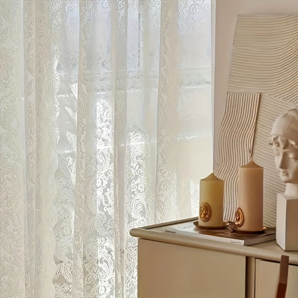 Sheer Curtain Rod Pocket Floral Lace Semi-Sheer Window Panel for Living Room Bedroom Kitchen Bathroom, 100% Polyester, Machine Washable, White Light Green Coffee