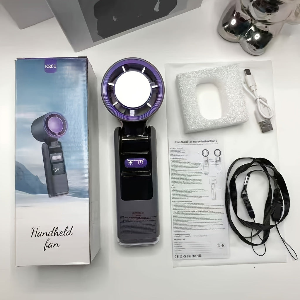 Handheld Ice Pack Fan High-Speed Semiconductor Cooling | 100-Speed Digital Display Turbo Fan with LED Light, Foldable Portable Design for Outdoor, Travel & Daily Use ¨C Purple, Beige, Pink, Black & White