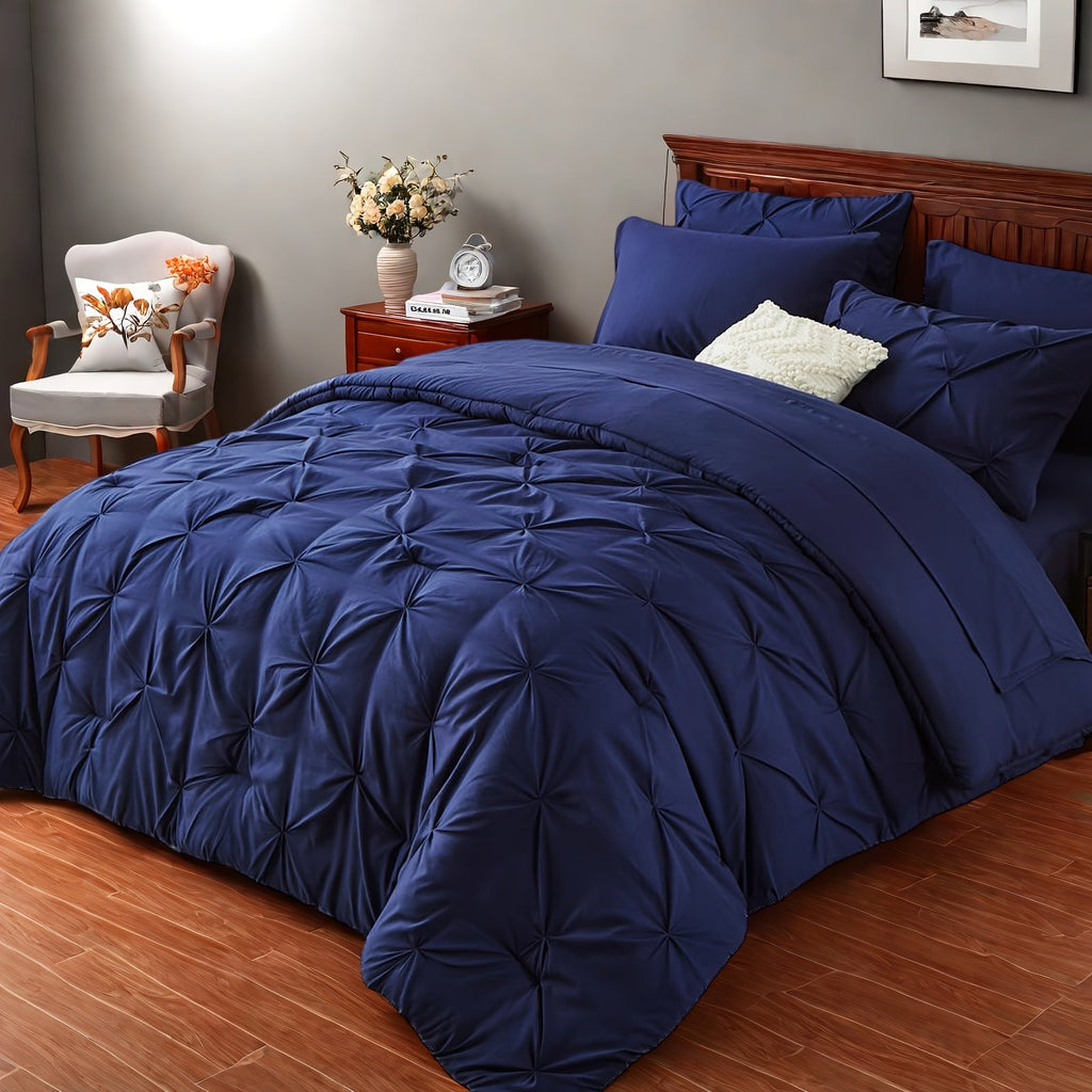 Comforter Set Luxurious Pleated 5/7pcs Bed in a Bag | Soft Plush Fiber Fill, Year-Round Warmth - Quilted Comforter, Flat & Fitted Sheet, Pillowcases & Shams, Complete Bedding Set Twin Full Queen King