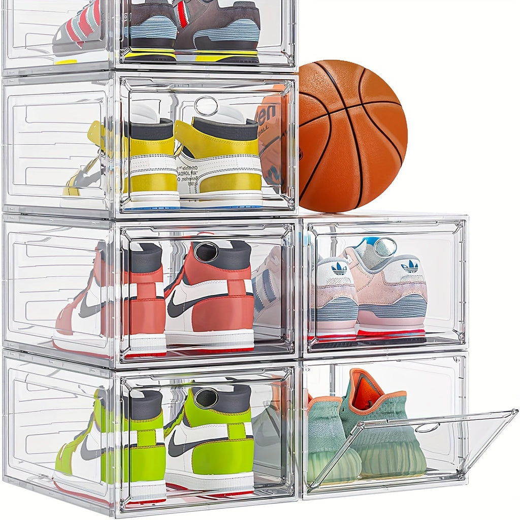 Clear Shoe Organizer Box 6-Pack, Stackable Shoe Storage with Magnetic Door, Dustproof Sneaker Display Case for Women & Men, Front-Loading Large Plastic Closet Shoe Rack for Boots & Hats