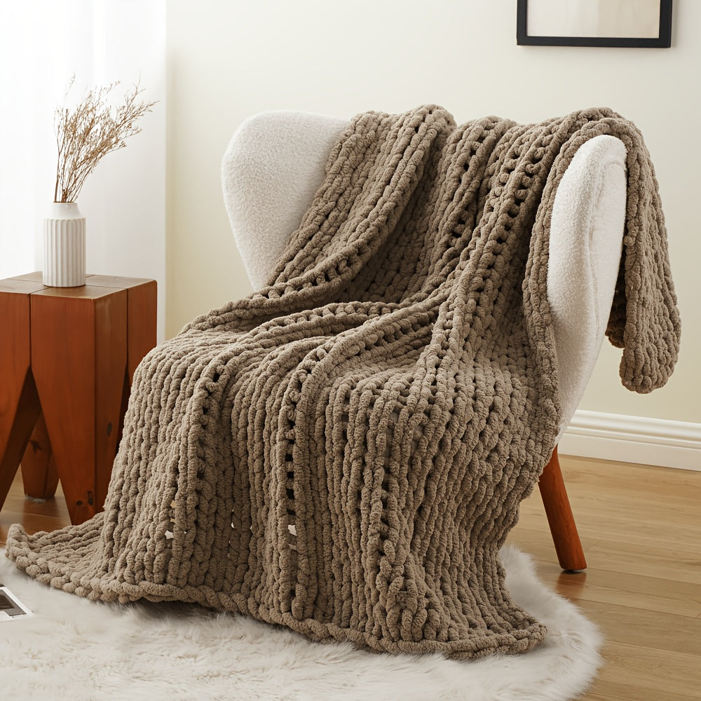 Chunky Chenille Cable Knit Throw Blanket ¨C 350-400gsm Soft Warm Crochet Throw for Sofa, Bed & Couch, Vintage Patchwork, 14 Colors