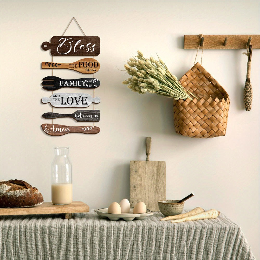 Farmhouse Wall Decor Wood Sign Set - ¡±Bless The Food Before Us¡± Rustic Kitchen Dining Room Hanging Plaque, 6-Piece Rope Wood Board Art, Housewarming Thanksgiving Gift for Home