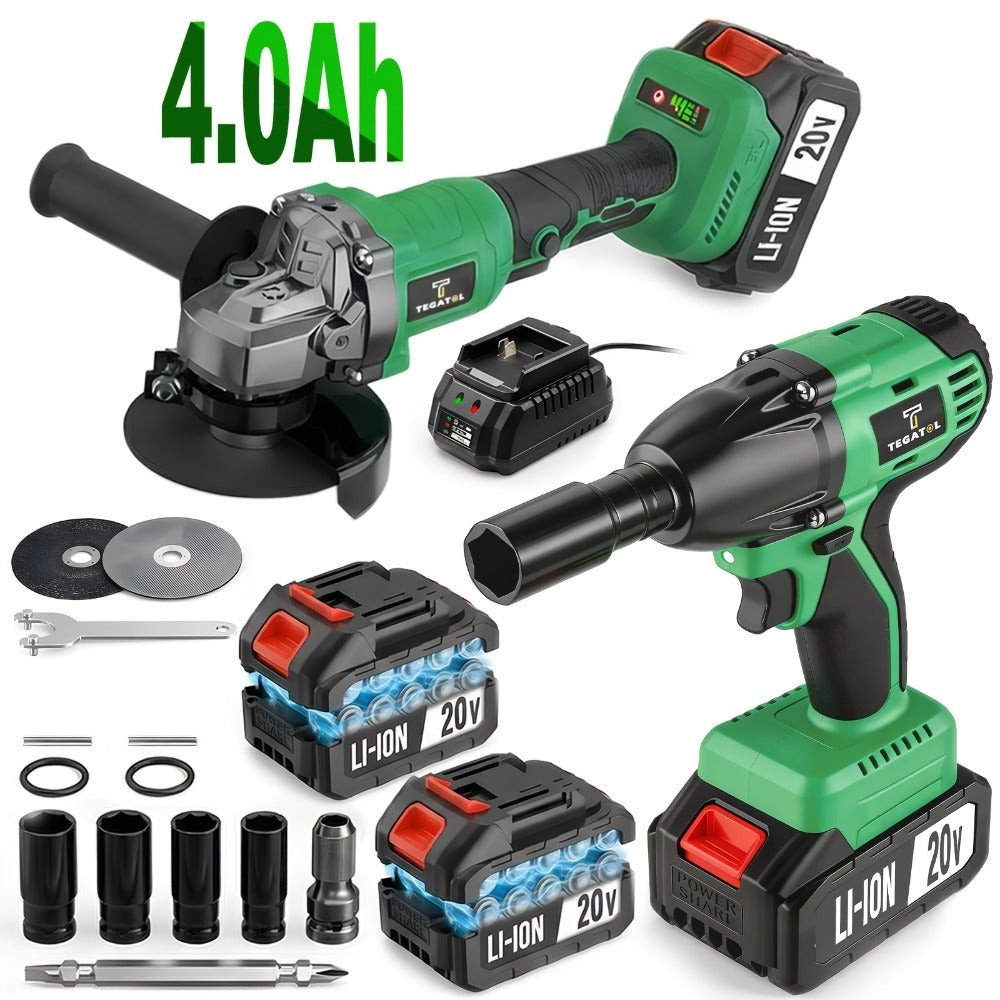 20V Brushless Power Tool Combo Kit | 4-Tool Cordless Set with Impact Wrench, Hammer Drill, Angle Grinder & Electric Drill ¨C 3 Batteries Included for Home Renovation & Construction