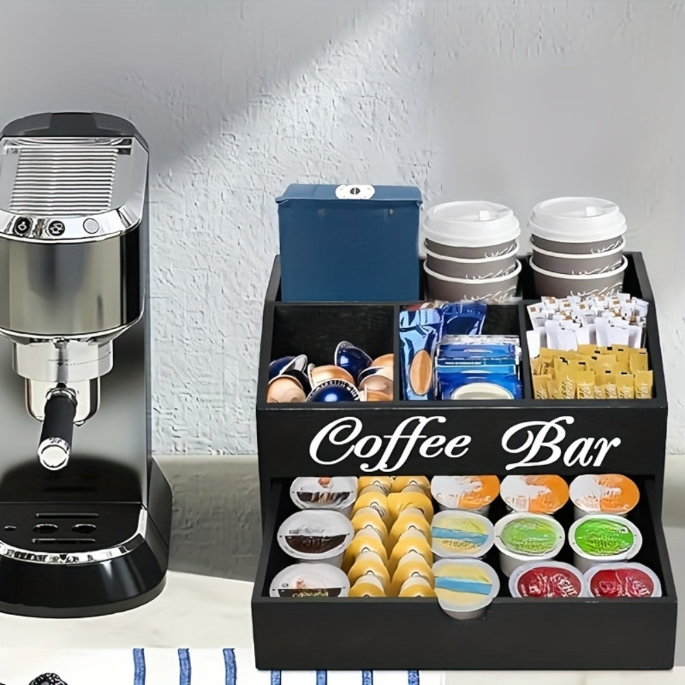 Coffee Bar Organizer with Drawer | Wood Countertop Coffee Station Organizer | 5-Compartment K-Cup Pod Holder Tea Condiment Storage | Rustic Farmhouse Coffee Bar Decor for Kitchen Counter
