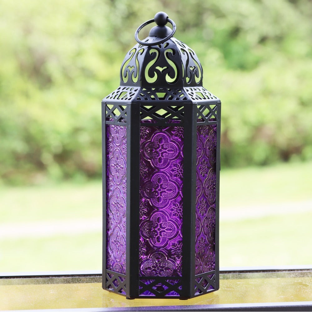 Moroccan Candle Lantern Holder - Decorative Metal & Glass Lantern with Embossed Floral Design for Indoor Home Decor, Garden, Patio, Weddings, Ramadan, Halloween & Holiday Celebrations - 10.5¡± Tall Medium Size