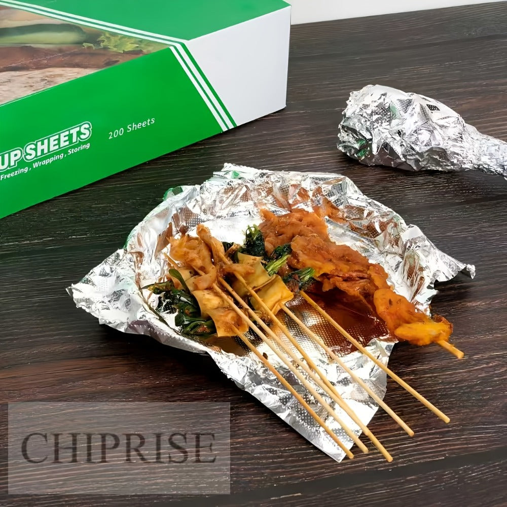 Pre-Cut Aluminum Foil Sheets 200-Count 9x10.75 Inch Pop-Up Dispenser Box Heavy Duty Foil for Baking Grilling Roasting Cooking Food Storage Restaurant