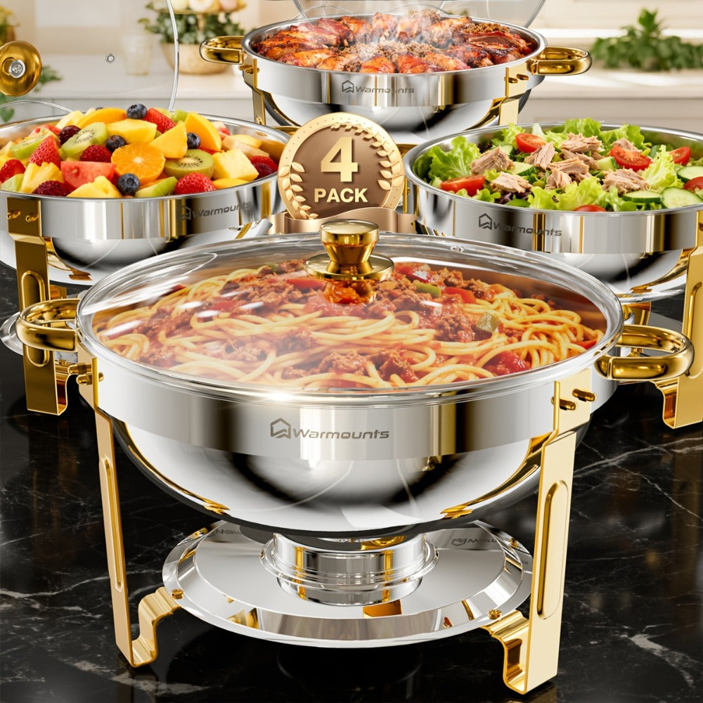 Gold Chafing Dishes Buffet Set 5QT Round Stainless Steel Food Warmer with Glass Lid Lid Holder Mirror Polished for Wedding Party Catering Events - 2 Pack or 4 Pack Chafer Buffet Server