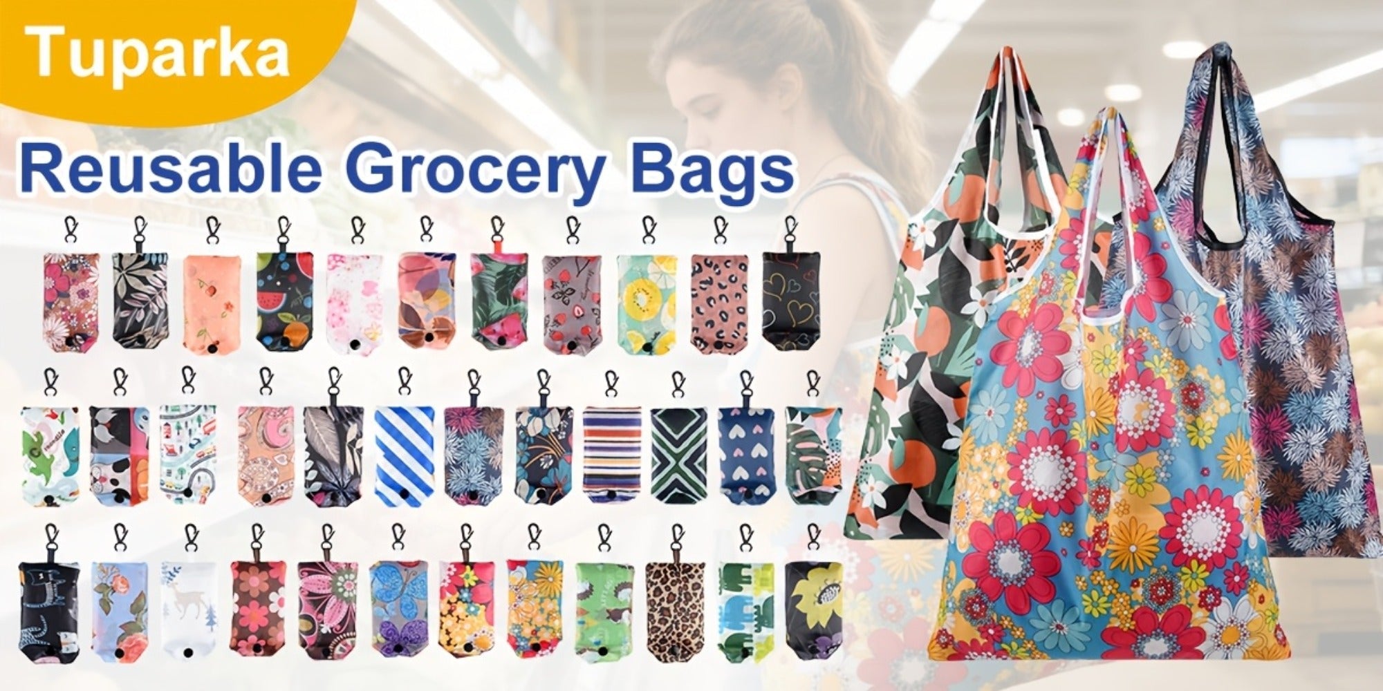 Reusable Grocery Bags Foldable Nylon Tote Bags Waterproof Washable Eco-Friendly Shopping Bag Set with Cute Floral Stripe Polka Dot Leopard Print 18/36pcs