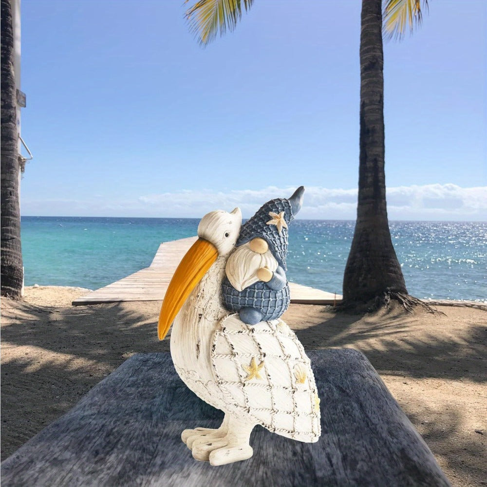 Pelican Gnome Figurine 11.5¡± ¨C Resin Coastal Beach Decor with Starfish & Seashell, Tabletop Statue for Home, Garden & Poolside ¨C Summer Gift & Nautical Decor