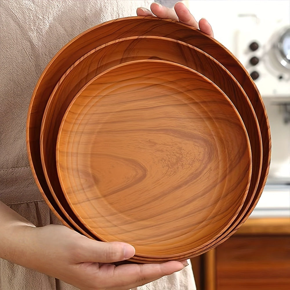 10pcs Wood Grain Dinner Plates Set - Round Striped Plastic Serving Trays for Home Kitchen Dessert Shop Restaurant | Fruit Tray Tea Tray Cake Plate Snack Dish
