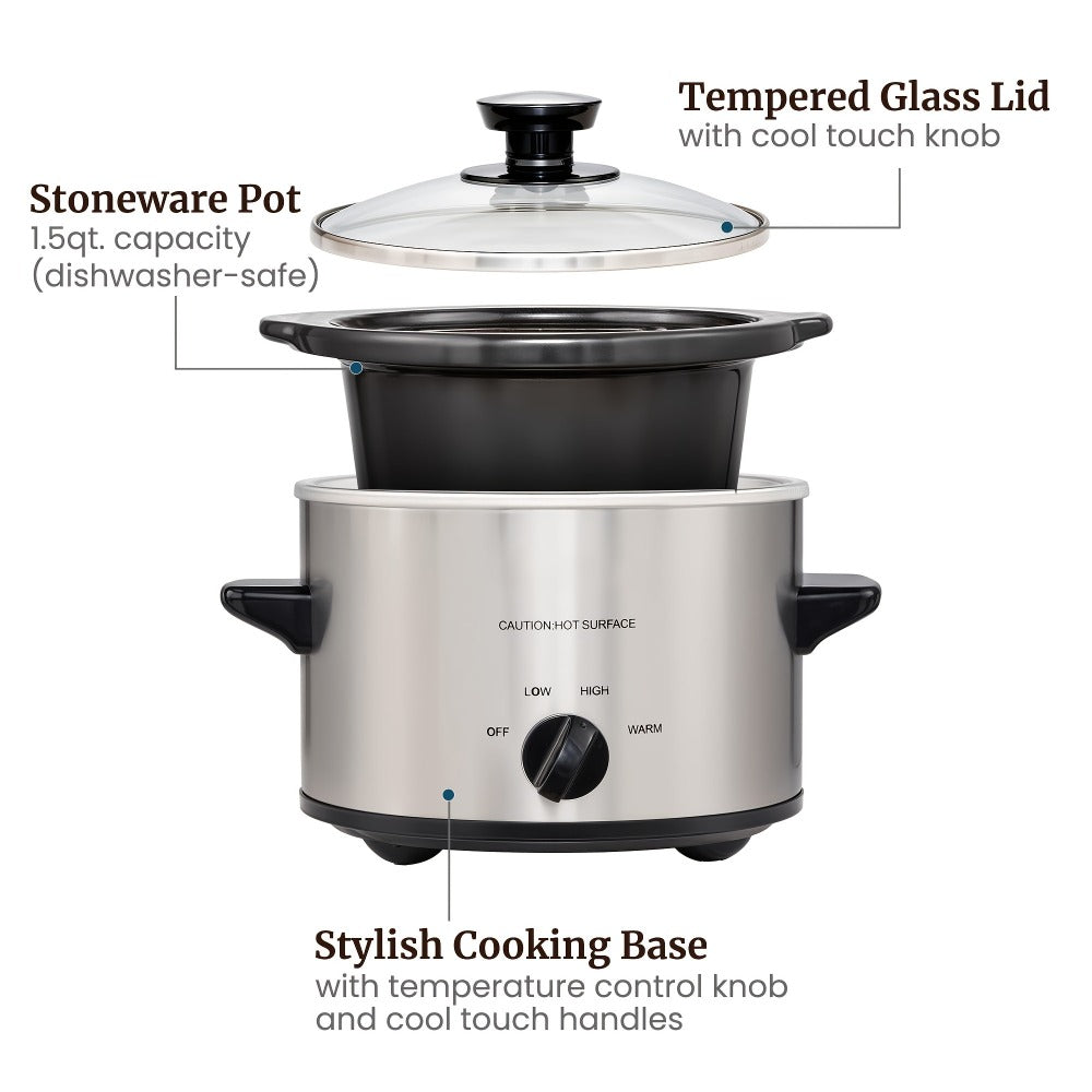 Mini Slow Cooker 1.5QT & 2.0QT with Adjustable Temperature Ceramic Crock & Dishwasher Safe Glass Lid ¨C Small Slow Cooker for Sauces Dips Soups Stews, Stainless Steel & Black