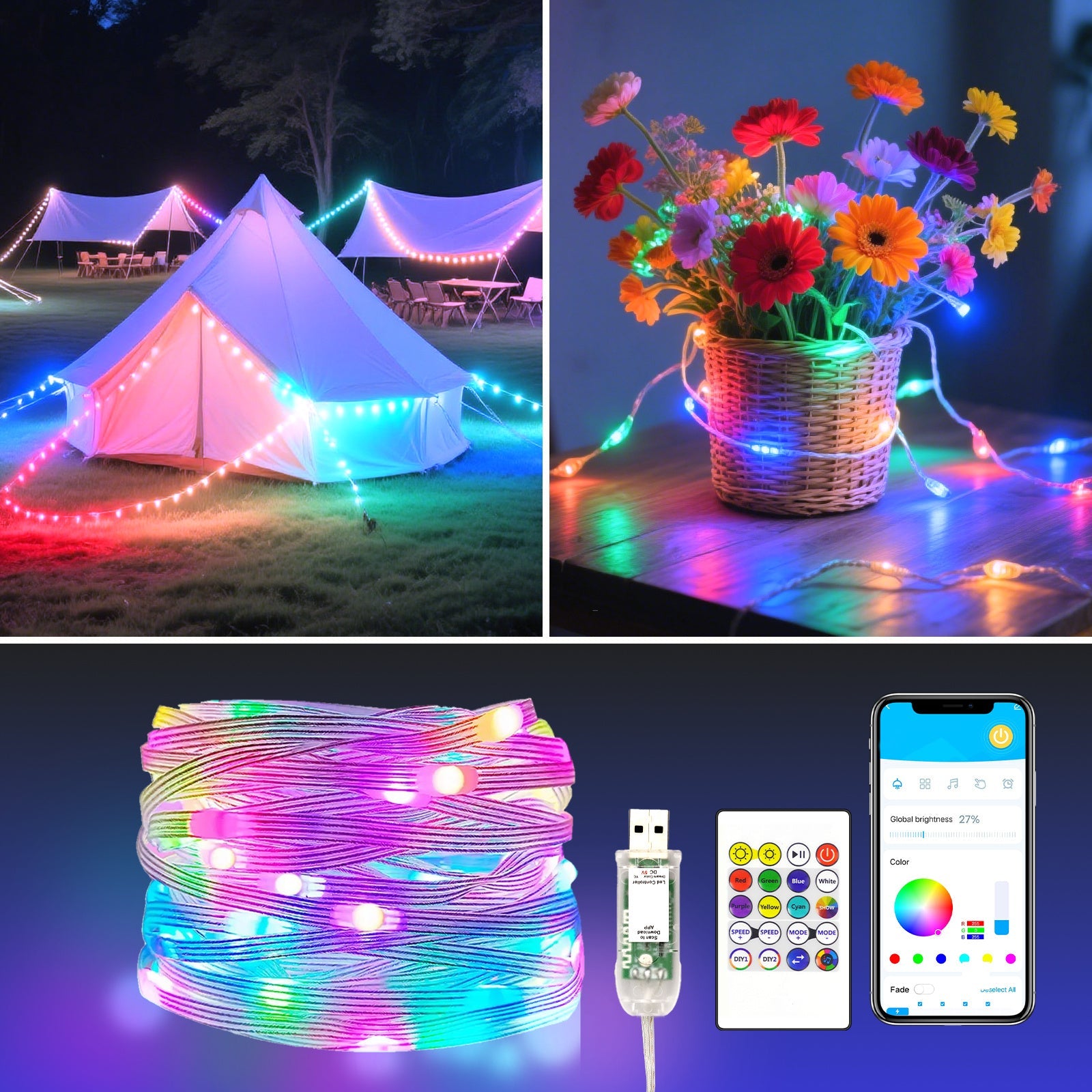 RGB Smart Fairy String Lights with App & Remote Control, Music Sync, IP65 Waterproof, USB Powered Multicolor LED String Lights for Bedroom, Outdoor, Christmas, Party, Wedding Decoration