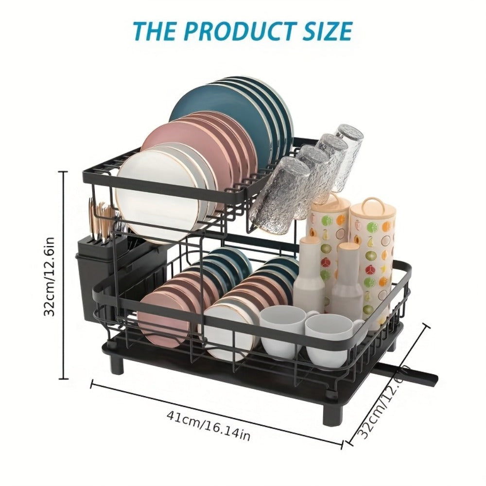 Dish Drying Rack 2-Tier Large Capacity Stainless Steel Detachable Dish Drainer for Kitchen Counter with Utensil Holder and Drain Board in Black White Gray