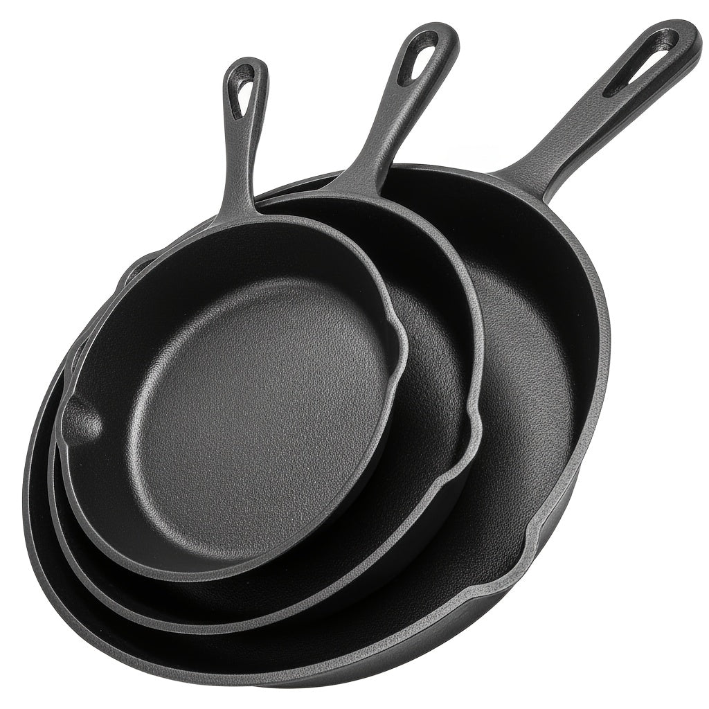 Cast Iron Skillet Set 3pcs - Non-Stick with Drip Spout, Pre-Seasoned Cookware for Holiday Cooking RV Campfire Outdoor Grilling, Heavy Duty Kitchen Frying Pan Set