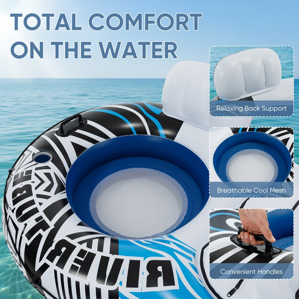 Inflatable Pool Float Bed with Detachable Cooler ¨C Heavy Duty Double Adult Lounge Raft with Cup Holders for Swimming Pool, River & Lake, Durable Blow Up Water Lounger Chair, Blue & Green / Blue & White