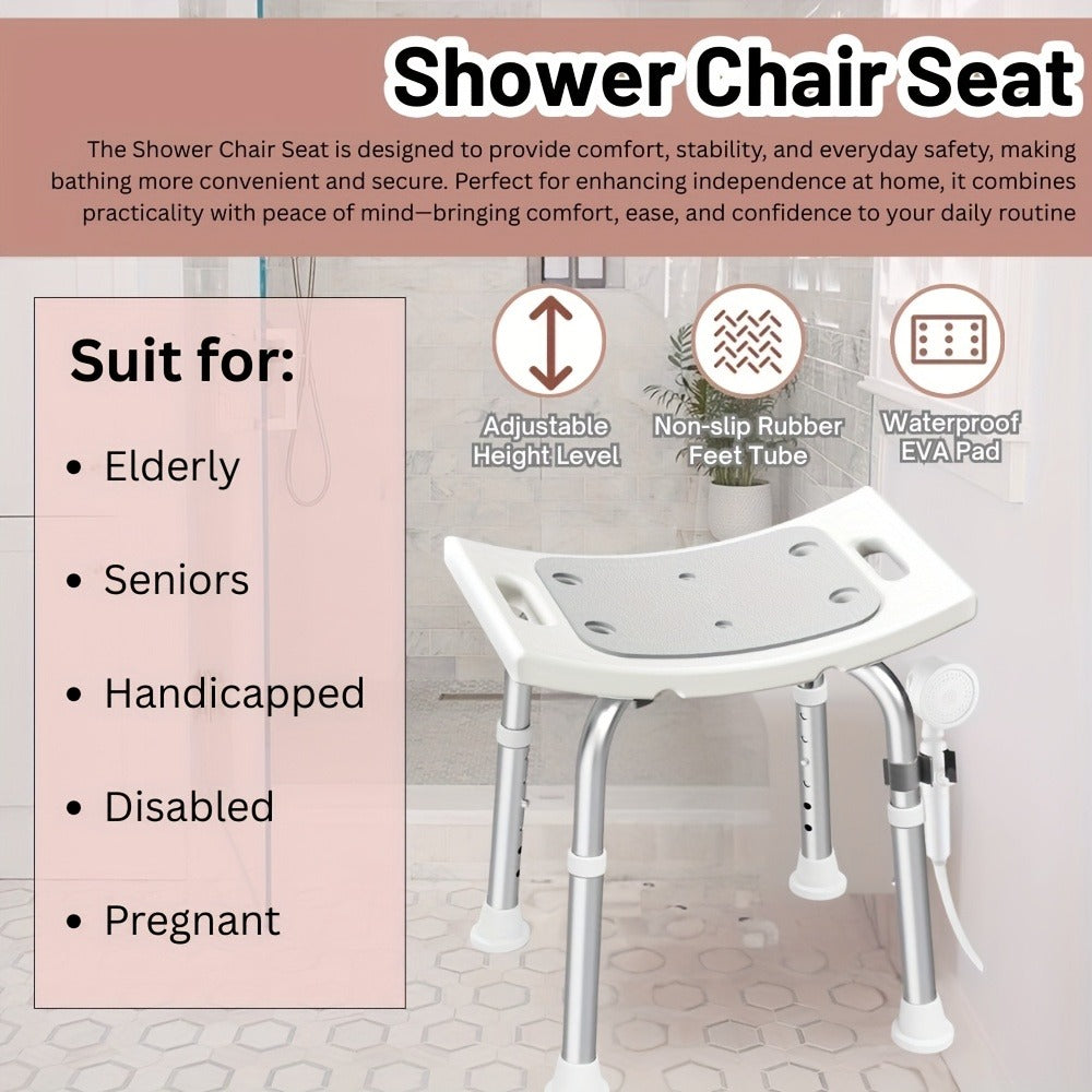 Aluminum Shower Chair 6-Level Adjustable Height Bath Stool Extra Wide Seat Tool-Free Assembly Anti-Slip Feet Lightweight Ergonomic Bath Seat for Elderly Disabled Pregnant Women Post-Surgery Recovery Bathroom Safety White