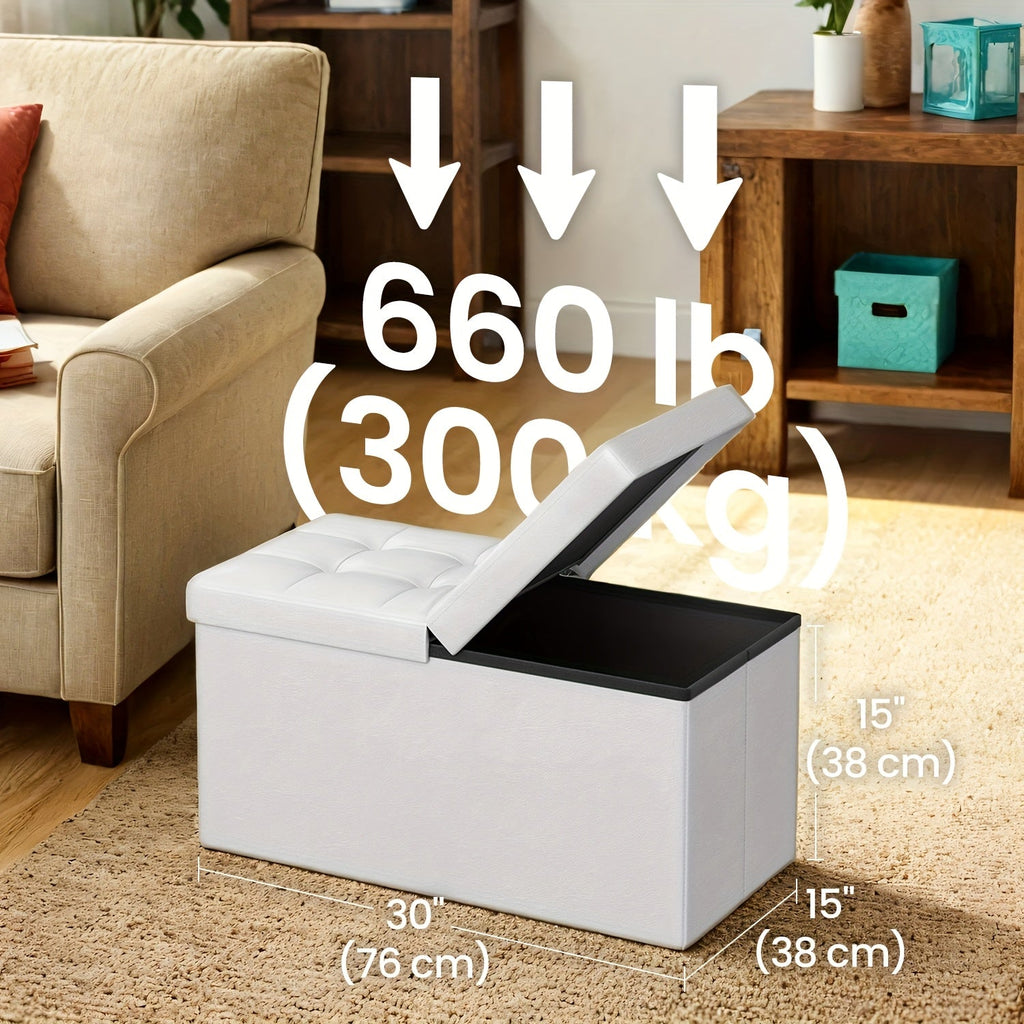 Storage Ottoman with Flip Top Lid 660lbs ¨C Foldable Faux Leather Chest Stool, 30¡± Wide Extra Seating & Blanket Storage for Entryway, Living Room & Bedroom