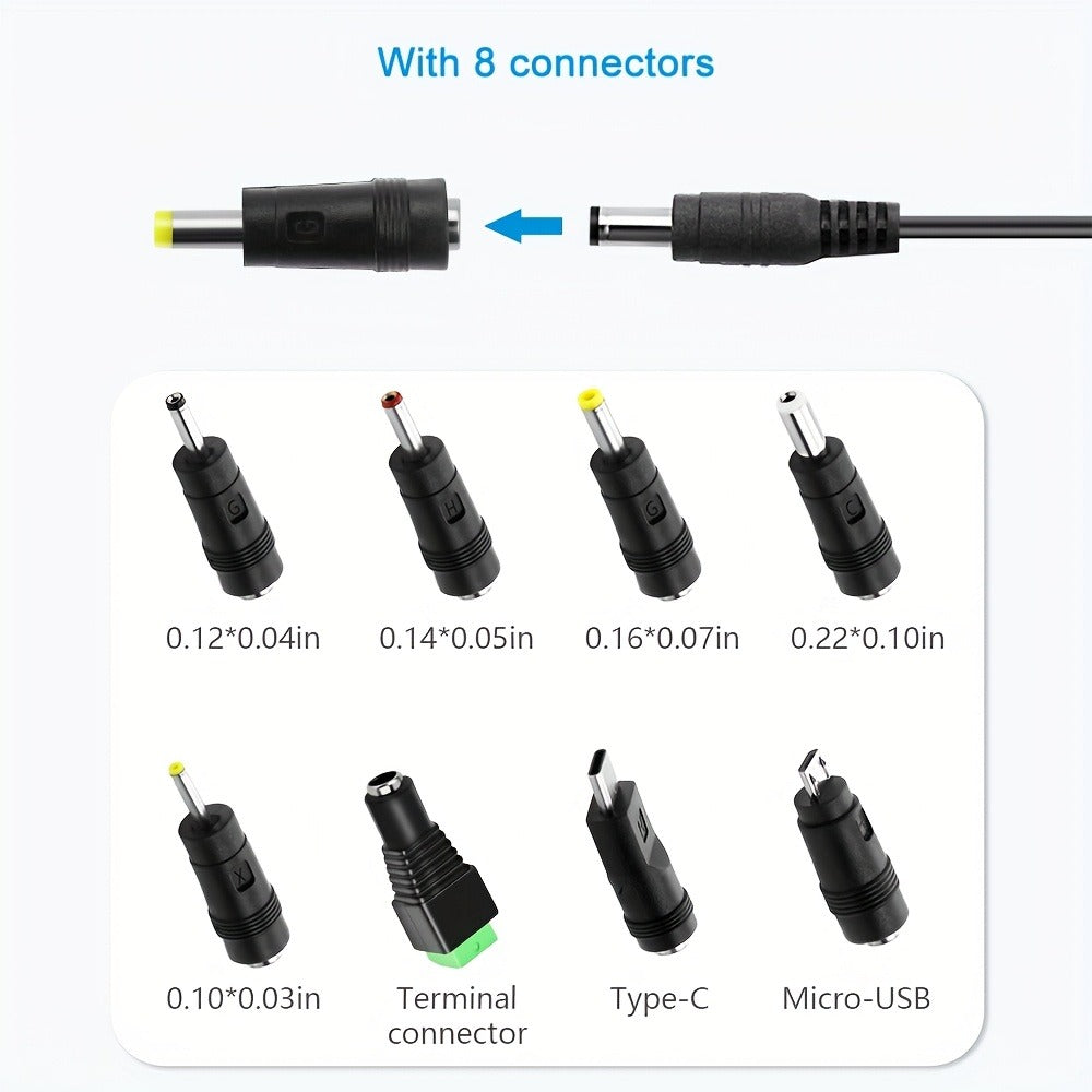 Universal 5V 2A Power Adapter 9-in-1 with 8 Tips - AC/DC 10W Power Supply Type-C Micro-USB Barrel Connectors for Router CCTV LED Strip TV Box