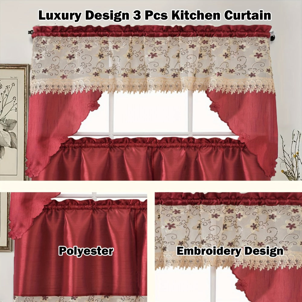 Kitchen Curtains 3 Piece Set Embroidered Satin Valance and Tiers - Rod Pocket Light Filtering Machine Washable 46 Colors Available All Season Home Decor