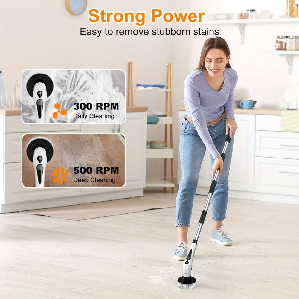 Electric Spin Scrubber Cordless IPX8 Waterproof 9 Replaceable Brush Heads 4 Adjustable Extension Handles LED Display 2-Speed 90-Min Battery for Bathroom Kitchen Tile Floor Tub Grout Cleaning White