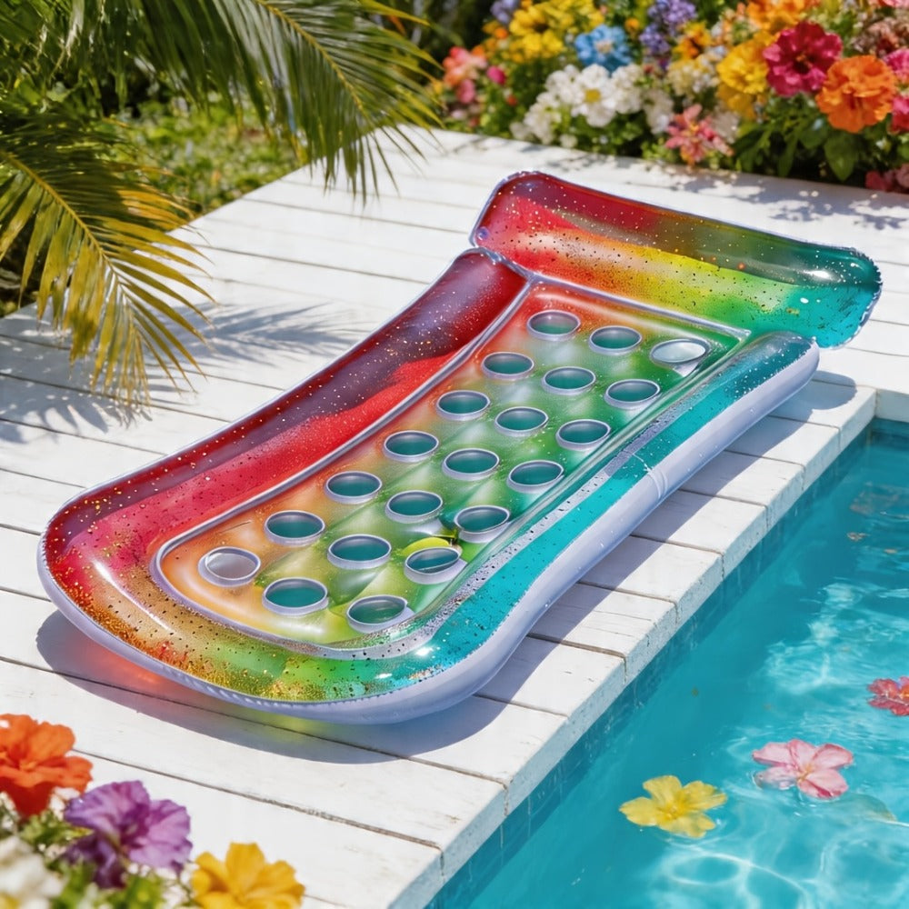 Inflatable Pool Float Sequin Gradient, Rectangular PVC Floating Bed with Ventilation Holes & Flash Gradient Colors, Buoyancy Water Lounge for Indoor Outdoor Pool Beach Lake