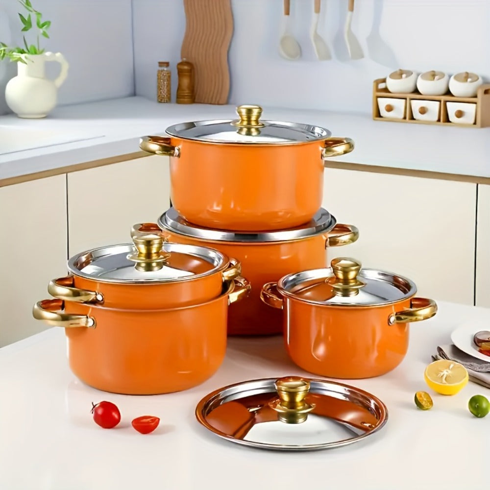 Stainless Steel Non-Stick Cookware Set 10/12pcs, 316 Grade Steel Frying Pan, Stockpot & Milk Pot with Lid, Multi-Functional Kitchen Cooking Set in Gold, Pink & Orange