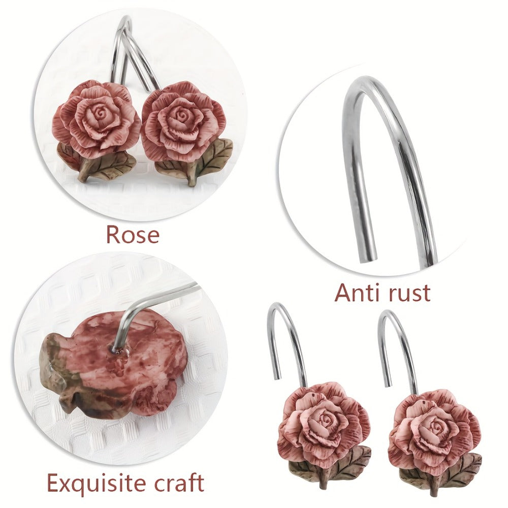 Shower Curtain Hooks Rose Resin - 12pcs Rustproof Cast Iron Floral Bathroom Hooks, Heavy Duty Metal Rings for Curtain Rod, Decorative Bath Accessories