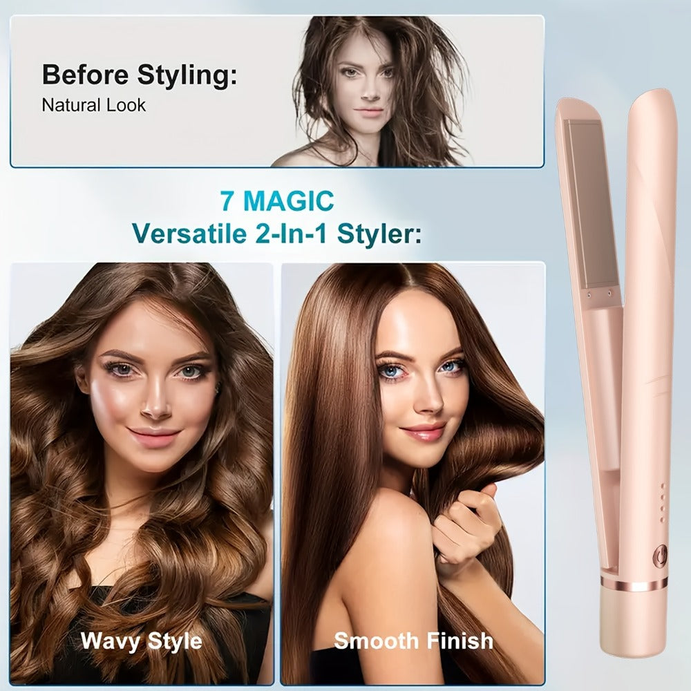 Wireless Hair Straightener and Curling Iron 2-in-1 Ceramic Cordless Hair Styler USB-C Rechargeable 3-Speed Adjustable Temperature Portable Travel Hair Tool Women Gift Pink White