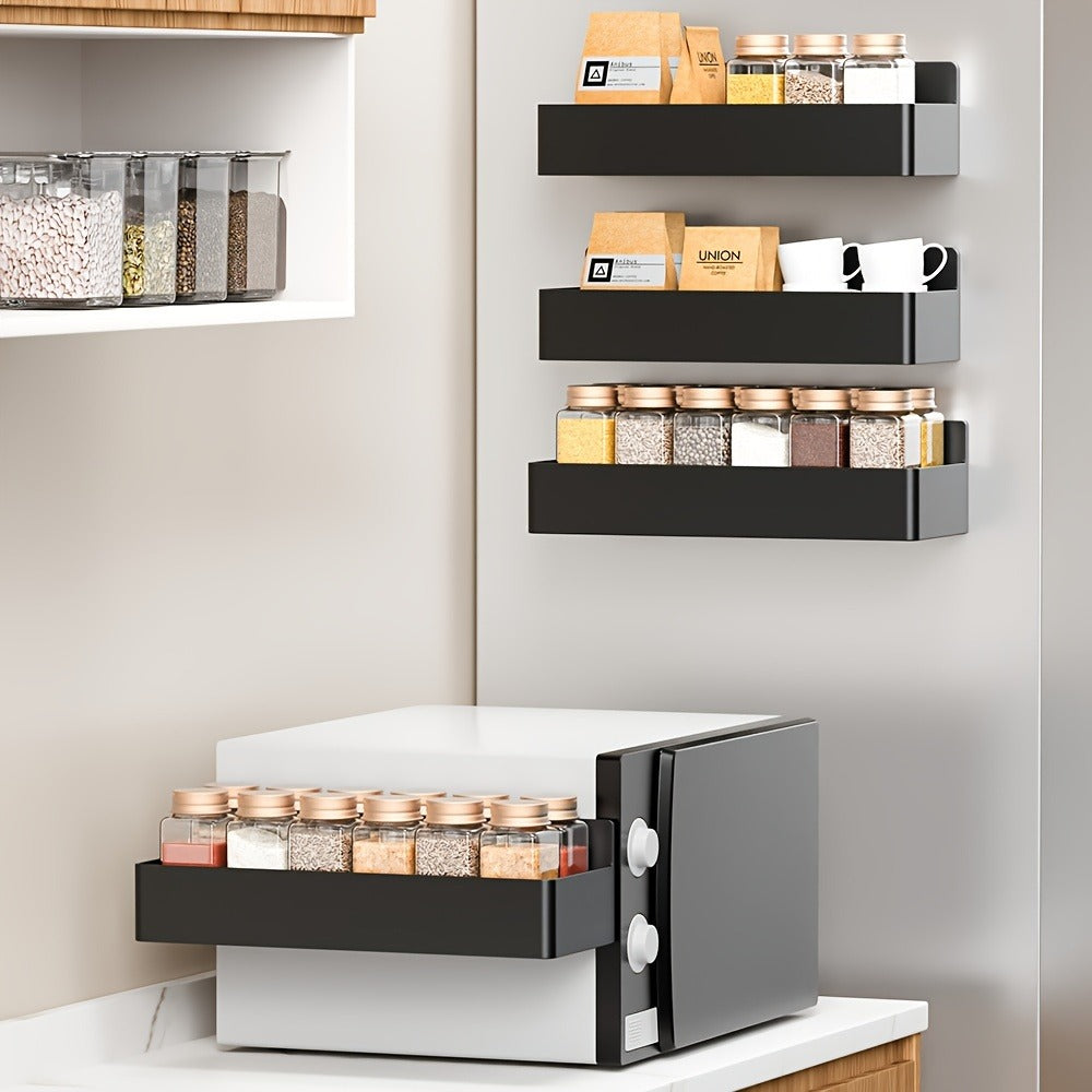 Magnetic Spice Rack for Refrigerator Wall Mounted Large Capacity Spice Organizer - Multifunctional Kitchen Storage Rack with Polished Finish, Easy Clean, Space Saving Fridge Spice Holder Black White