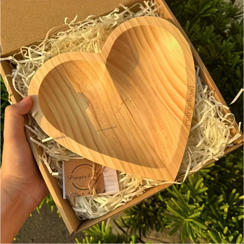 Wooden Prayer Bowl with 24 Prayer Cards ¨C Hand-Carved Heart Shaped Cross Engraved Vintage Religious Gift Set for Easter, Christmas, Thanksgiving, Home Altar & Prayer Room Tabletop Decor