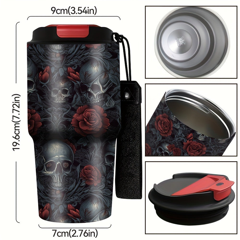 Insulated Tumbler 20oz Gothic Skull & Roses Stainless Steel Travel Mug with Carrying Strap, Coffee Cup Water Bottle for Camping Travel Halloween Gift