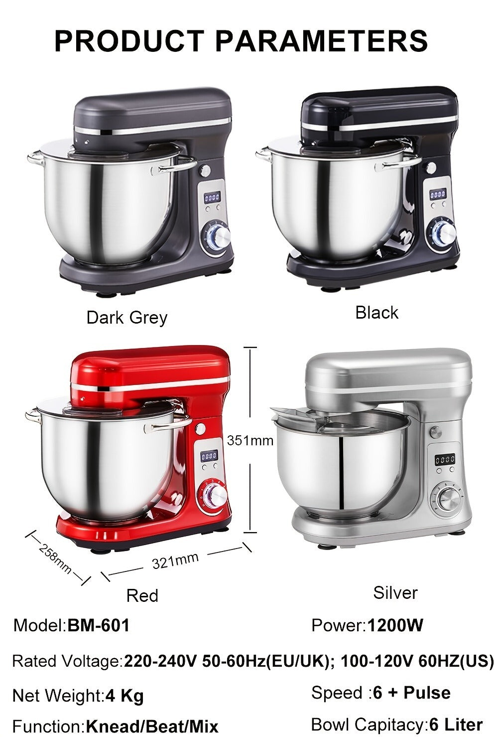 Stand Mixer 1200W 6L Stainless Steel Bowl - Kitchen Food Stand Mixer with Dough Hook, Whisk & Beater, 6-Speed Tilt-Head Electric Mixer for Baking, Kneading, Whipping, Red