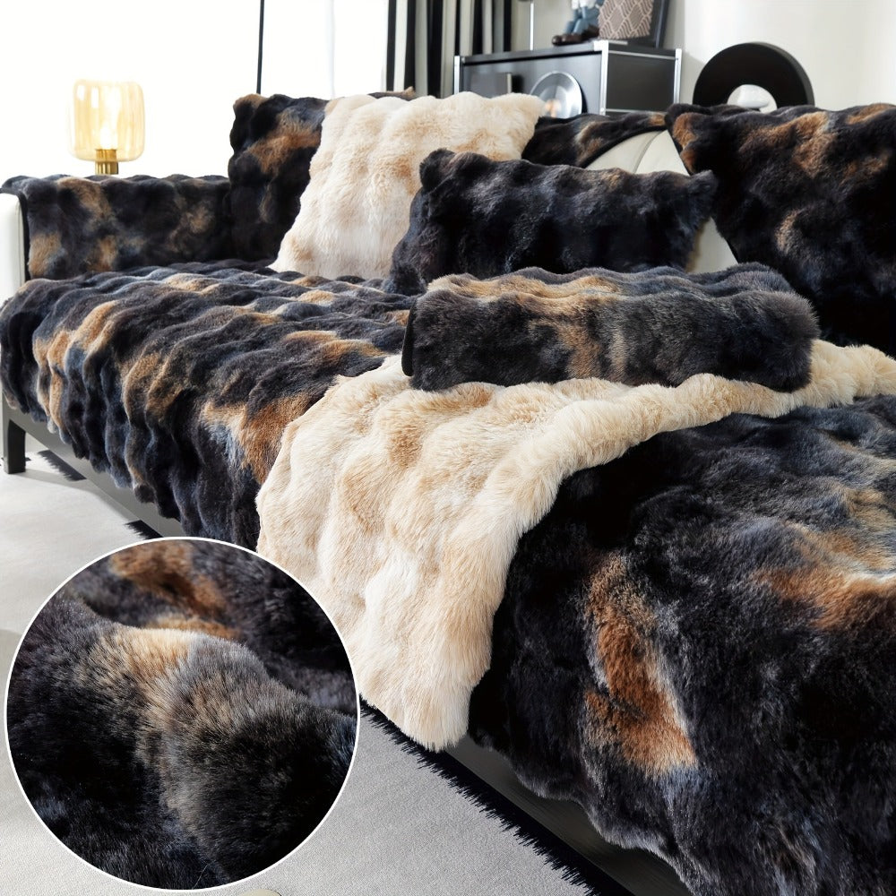 Plush Sofa Cover Faux Lamb Thick Fluffy Couch Slipcover Pet Friendly Machine Washable Gradient Color Polyester Furniture Protector for Armchair Single Double Triple Sofa Living Room Home Decor