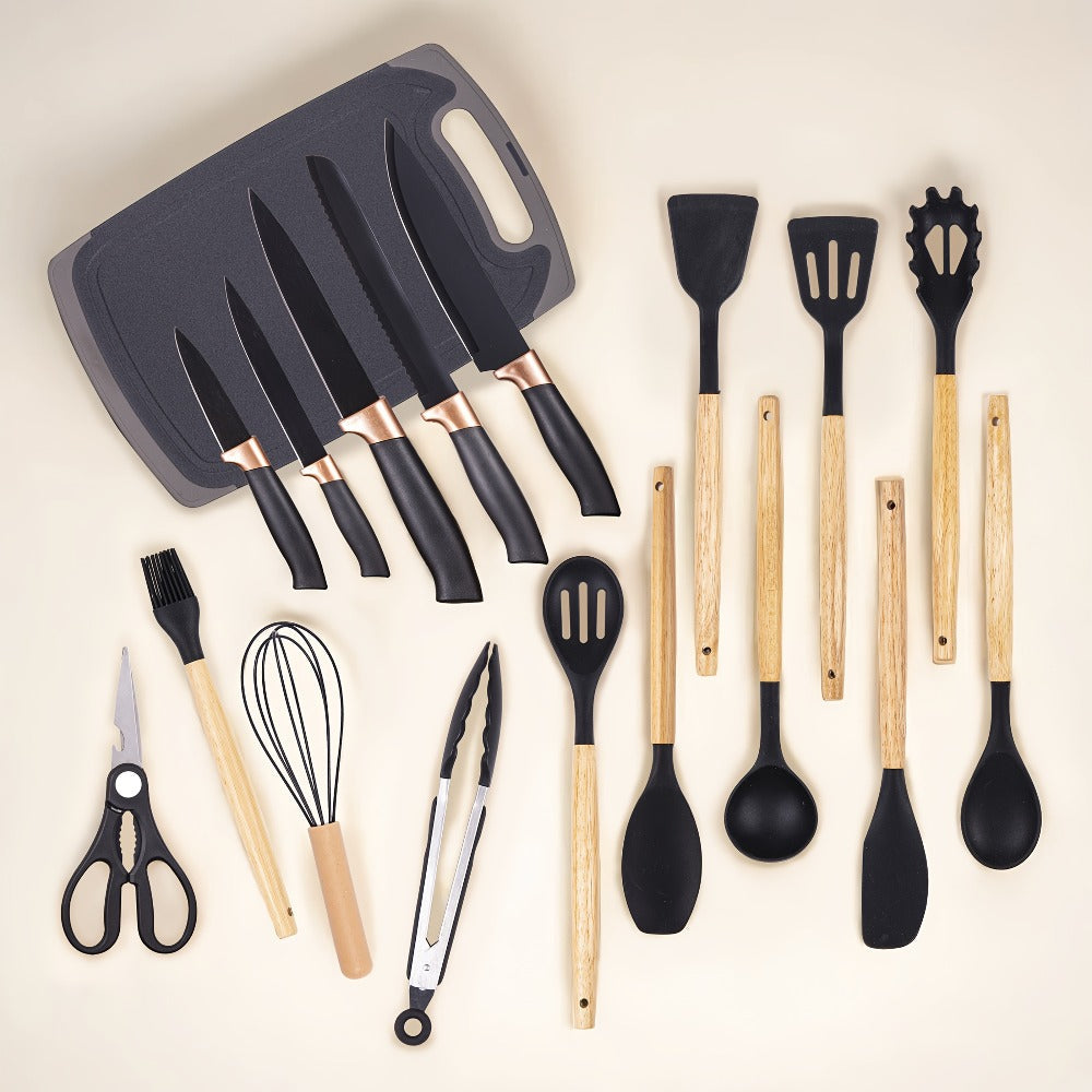 19-Piece Kitchen Knife & Utensil Set with Wooden Handles, Non-Stick Blades, Silicone Cooking Tools, Cutting Board, Scissors & Holder