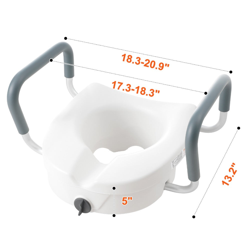 Raised Toilet Seat with Arms for Seniors & Elderly - 5 Inch Elevated Toilet Seat, 350 lbs Capacity, Twist Lock, Adjustable Armrests with Padding, Fits Round & Elongated Toilets