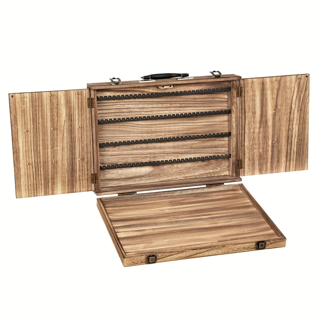 Wooden Jewelry Display Case with Lock & Buckle Closure ¨C Vintage Tabletop Organizer Box for Earrings, Bracelets & Necklaces, Large Capacity Earring Card Holder, Burnt Wood