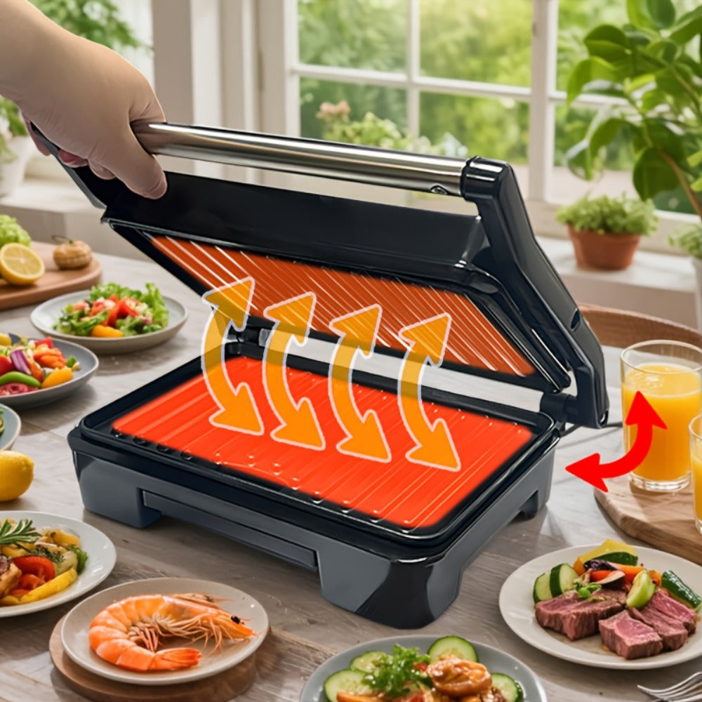 Electric Panini Press Grill Double-Sided Heating Sandwich Maker Waffle Iron Steak Grill Indoor Barbecue Machine for Panini Toasts Burgers Sausages Quick Meals Home Kitchen