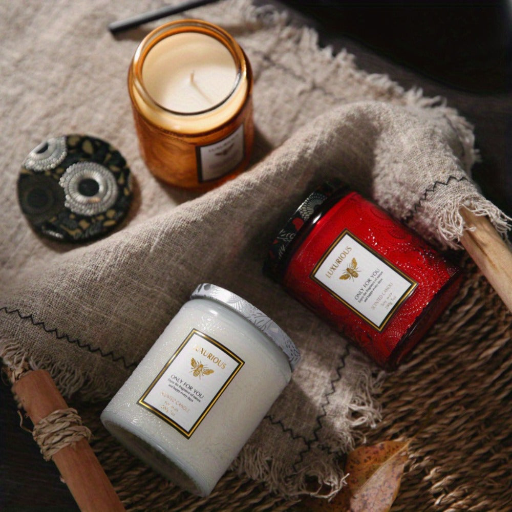 Scented Candle in Relief Glass Cup ¨C Aromatherapy Home Fragrance with Crystal Embellishment, Single Wick, Multiple Scents ¨C Jasmine, Tuberose, Amber, Sage & More