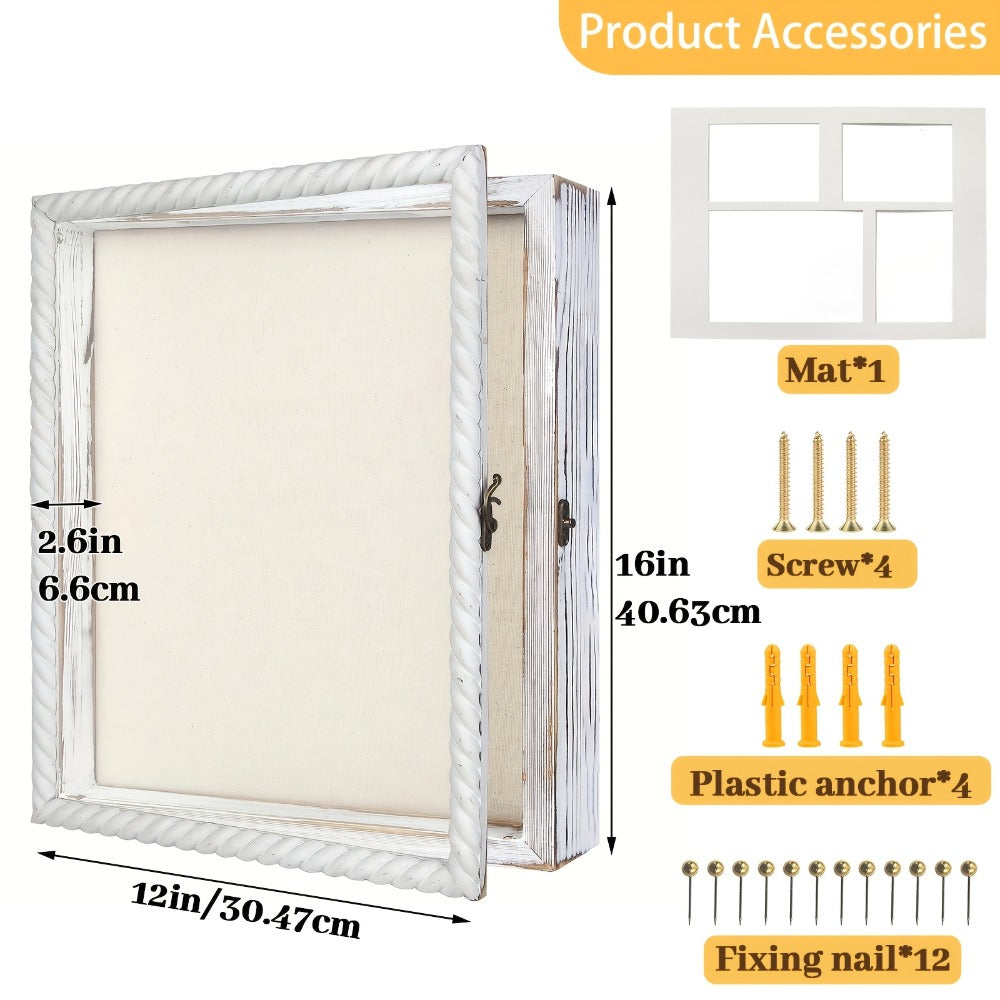 Shadow Box Frame with Linen Back ¨C Large Rustic Memory Display Case 11x14 & 12x16 Inch for Photos, Medals, Coins, Pins, Flowers & Collectibles, 4 Removable Shelves, Black White Brown