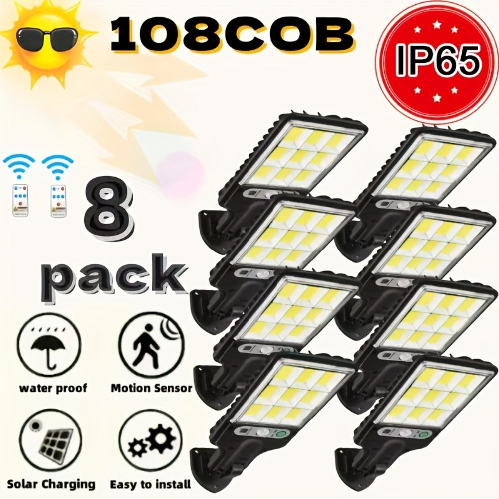 Solar Motion Sensor Security Wall Light 108COB LED ¨C Outdoor Solar Powered Street Light with Remote Control & 3 Modes | Waterproof Garden Spotlight for Patio, Porch, Door & Garage | 2/4/8pcs Pack