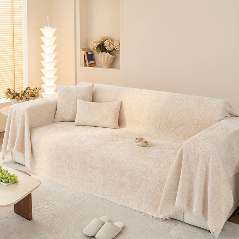 Chenille Sofa Cover with Fringe 300GSM - Super Soft Pet Friendly Solid Couch Slipcover for Single 2 4 Seater Living Room Decoration, 4 Colors