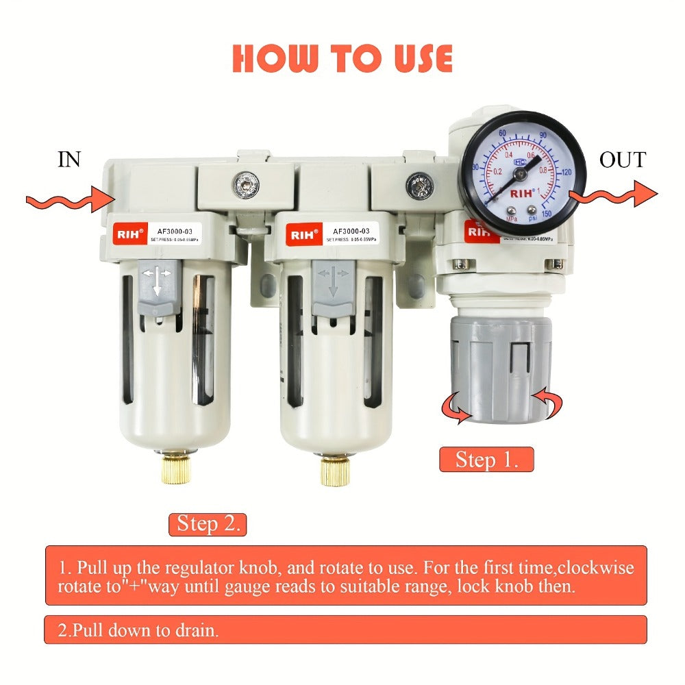 Air Filter Regulator Combo AC3110-03 High Pressure Compressed Air Source Treatment Unit - FRL Combination Filter Regulator Lubricator for Industrial Commercial Pneumatic Systems, Purifies & Regulates Air
