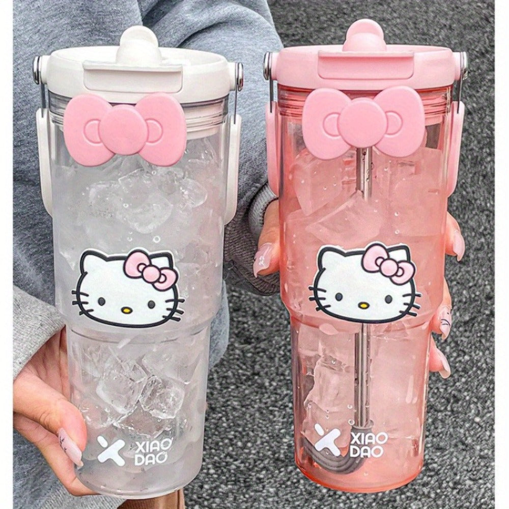 Hello Kitty Water Bottle with Straw 30 Oz ¨C Large Capacity Cartoon Tumbler for Women & Girls ¨C Portable Outdoor Sports Cup with Bow & Sticker ¨C Cute Kawaii Plastic Drinkware Gift