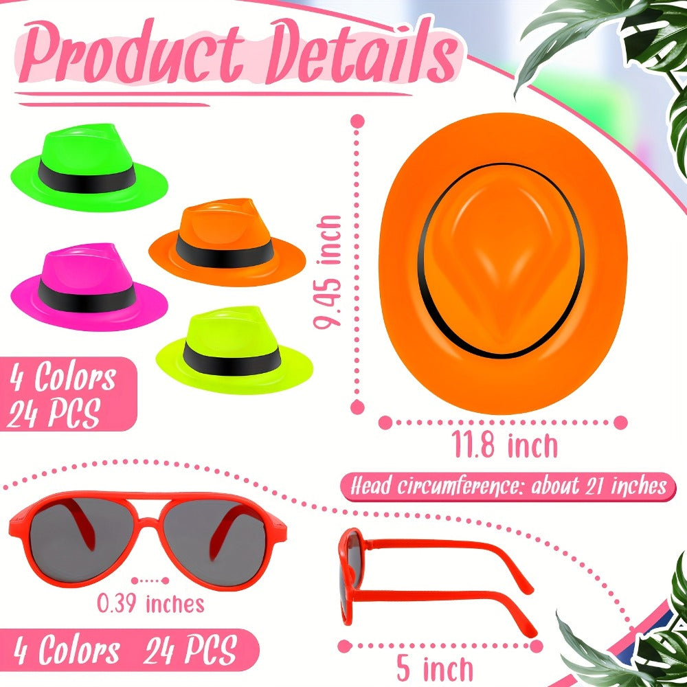 Neon Party Supplies 48 Pieces Set with 24 Glow in the Dark Hats and 24 Neon Sunglasses, Blacklight Party Accessories for Birthday Rave Music Festival Gangster Themed Events