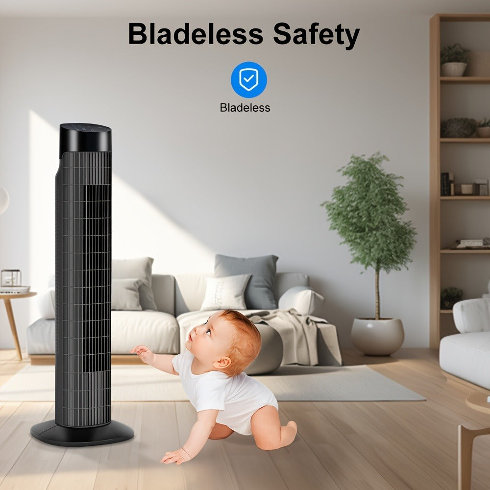 Tower Fan 31 Inch Bladeless | 80¡ã Oscillating Standing Fan with Remote Control, 7.5H Timer & 3-Speed Settings, Quiet Cooling Fan for Bedroom, Living Room & Office ¨C Black & White