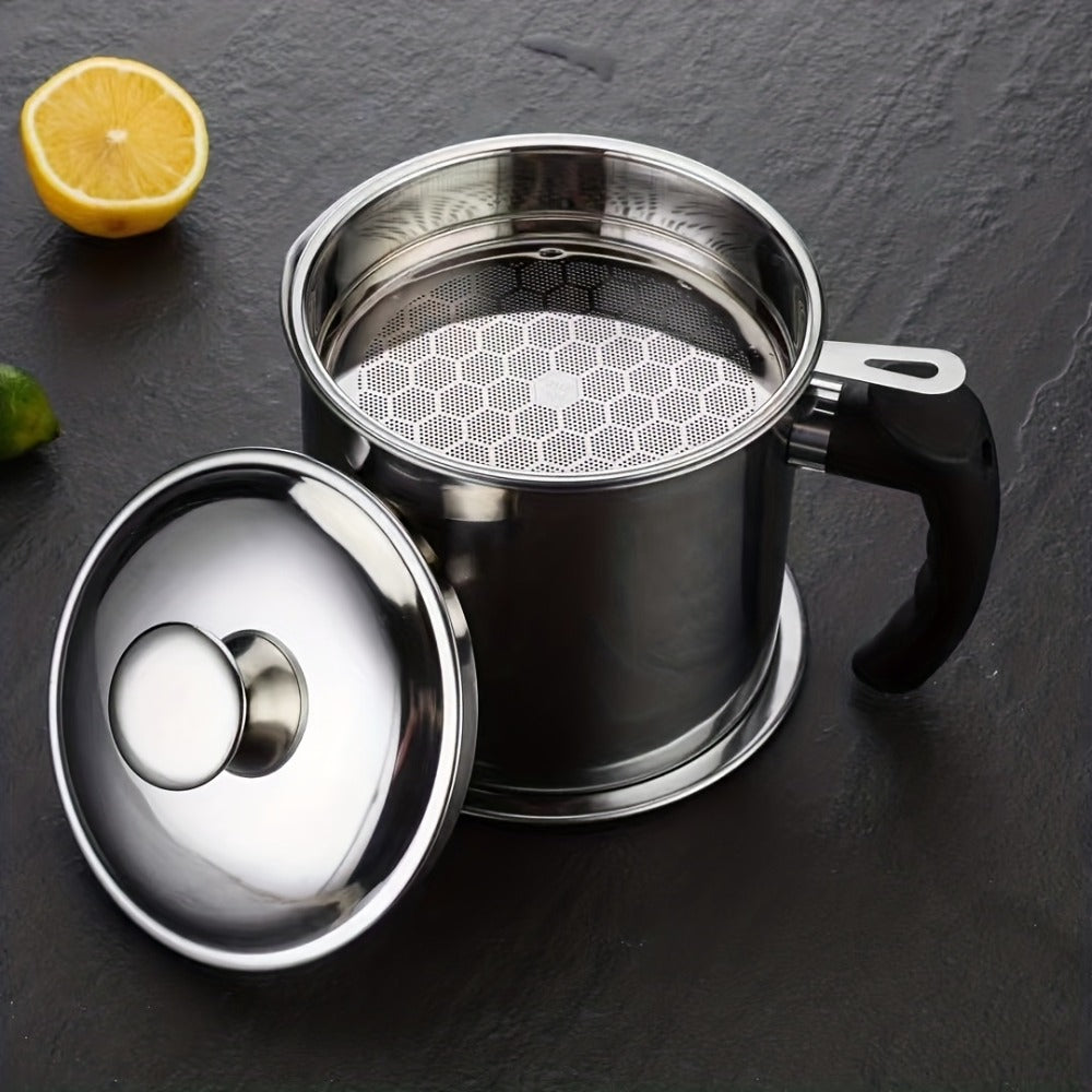Grease Container with Strainer Stainless Steel BPA Free - Kitchen Bacon Fat Storage Can with Easy Pour Handle for Cooking Oils and Fats, Essential Kitchen Accessory
